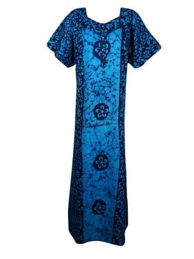 Mogul Women Lapis Blue Maxi Caftan Nightgown Cap Sleeves Cotton Button Front Housedress Maternity Loose Nightwear Dresses XL