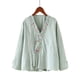thumbnail image 1 of Tops de Manga Corta de las Mujeres Bordado Casual Cuello en V Botón de Color Sólido para Primavera Verano, Mezcla de Poliéster Estilo de Lino para el Uso Diario, 1 of 6