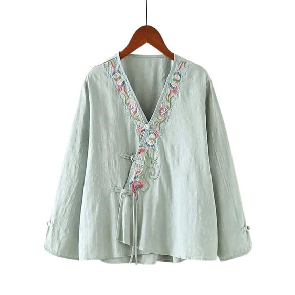 LEKWK Womens Linen Top Embroidered Wrap V Neck Bohemian Tops Long Sleeve Tunic Tops Side Tie Kimono Style Holiday Beach Outfits