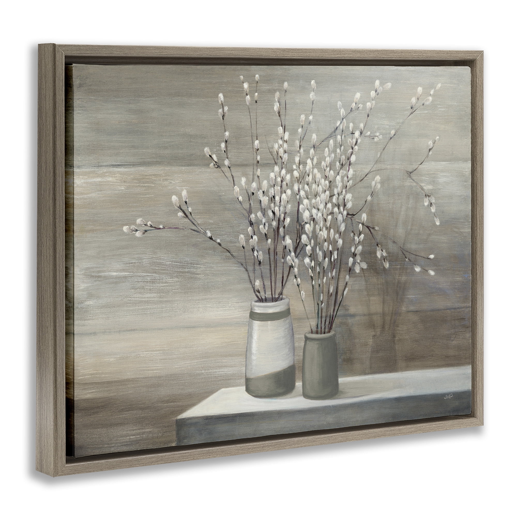 Stupell Industries Pussy Willow Still Life Botanical & Floral Painting Brown Floater Framed Canvas Art Print Wall Art, 21 x 17