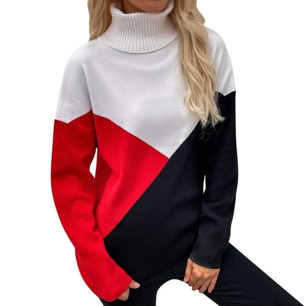 Gibobby Suéter para mujer, Suéter de punto de invierno para mujer, 2023, cuello alto, suéter de invierno para otoño, suéter de manga larga(Rojo,CH)