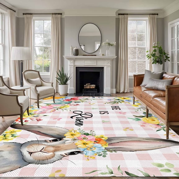 Area Rug for Living Room, Easter Plaid Non-Slip Indoor Large Carpet for Bedroom/Dining Room, Spring Watercolor Bunny Flower Pink Checkered Washable Low-Profile Rectangle Floor Runner Rugs - 5 x 7 Ft