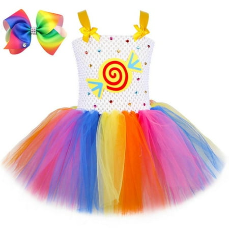 Girls Candy Rainbow Tutu Dress Sweet Lollipop Tulle Dresses Flower Birthday Party Outfit For Kids