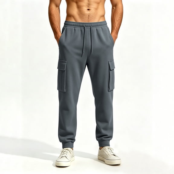 Men's Fleece Multi Pocket Sweatpants Loose Fit Cuffed Ankle Casual Joggers with Drawstring Elastic Waist Solid Color Lounge Trousers for Winter