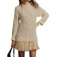 thumbnail image 3 of Women Cable Knit Sweater Dress Crewneck Long Sleeve Pleated Mini Dress Twofer Style Patchwork Dress Light Brown L, 3 of 8