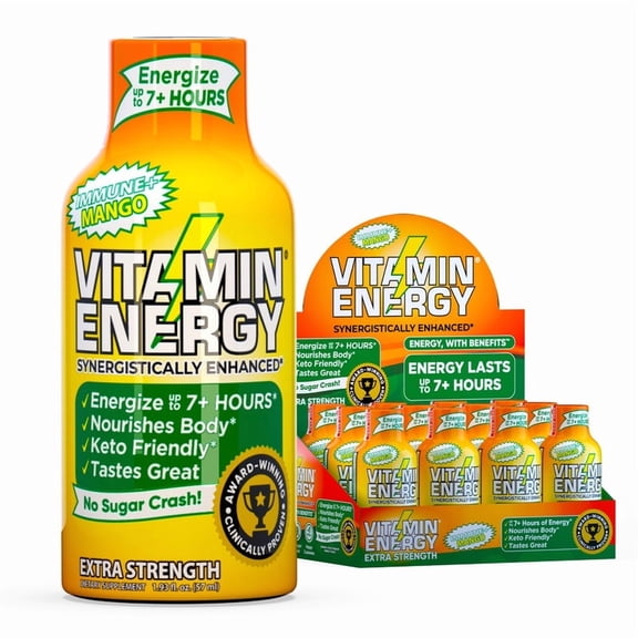 Vitamin Energy Extra Strength Energy Drink Shots, Natural Nutrients to Energize & Support Immune System, Sugar- & Carb-Free, Immunity Formula, up to 7 Hours, Mango- 1.93 Fl Oz- 12 Count