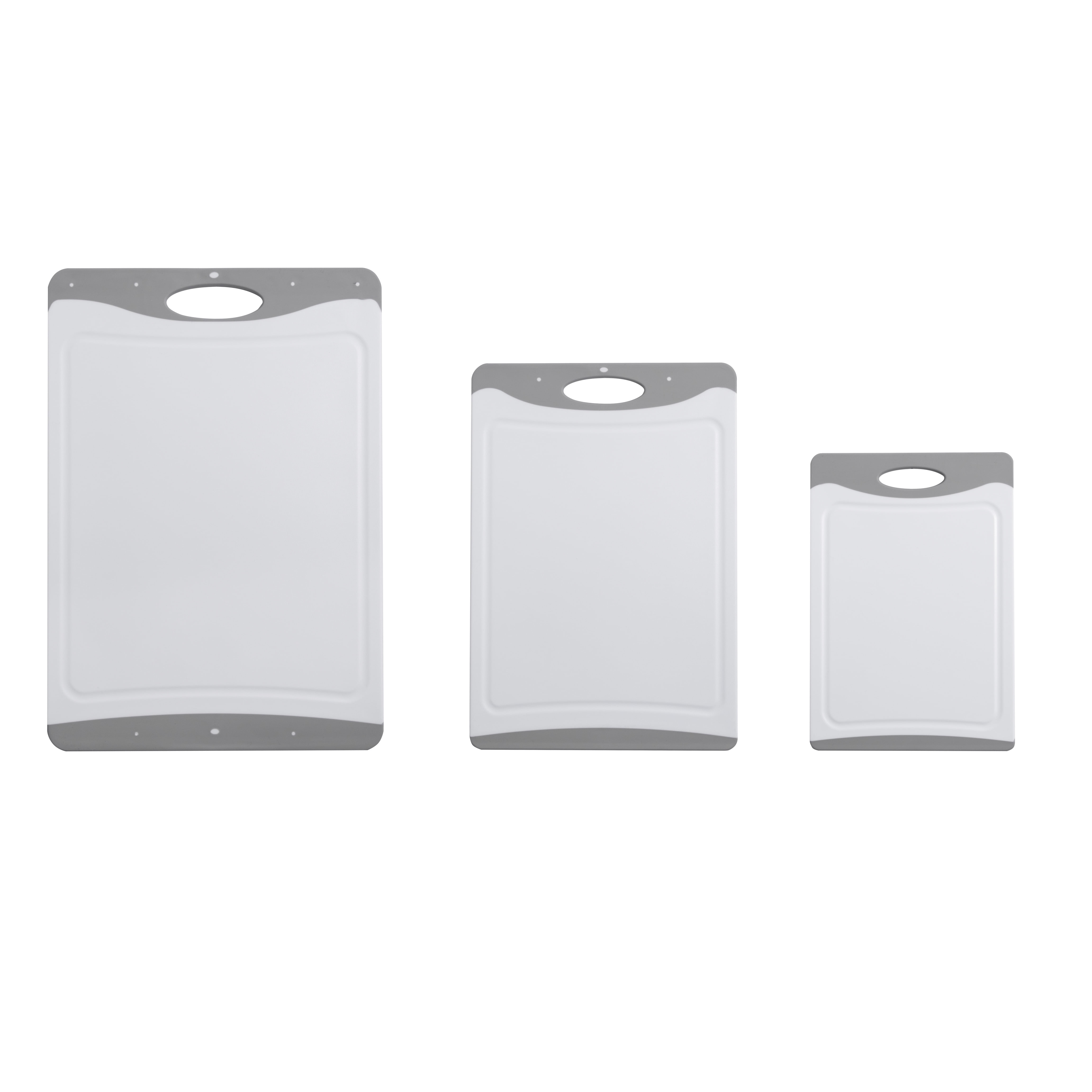Mainstays 3-Piece Non-Slip Poly Cutting Boards, 50% Recycled PP, 16.9"x 11.8", 13.7" x 9.5", 11.4" x 7.9", White&Silver Color