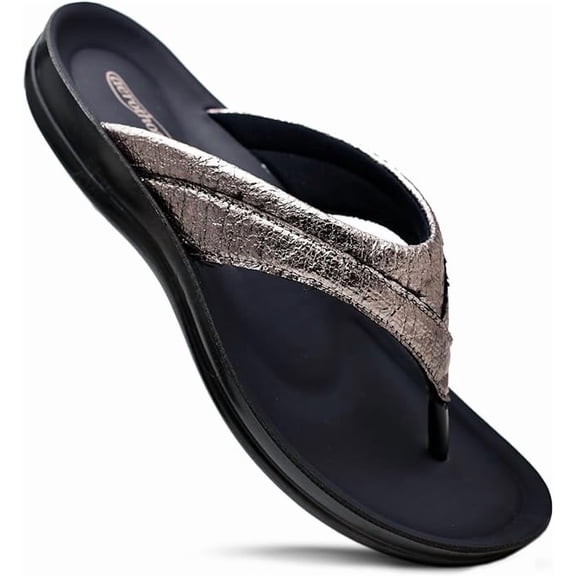 AEROTHOTIC Comfortable Arch Support Flat Sandals for Women Comfy Toe Post with Cute Soft Padded Straps Casual Fashion Vacation Essentials Dressy Shower Sandals (Sela Grey, Size 8)