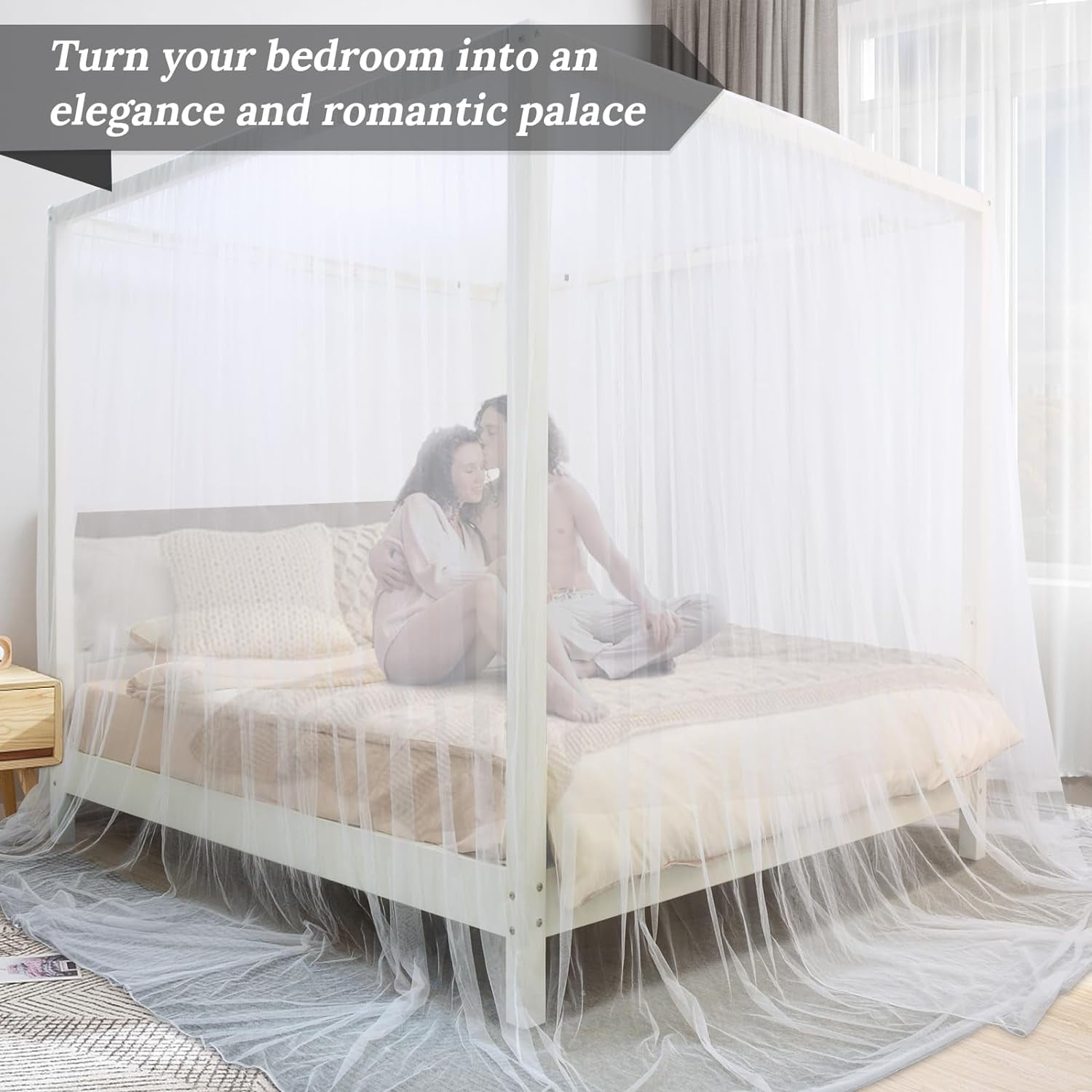Black Canopy Bed Curtains, 4 Corner Post Bed Canopy for Girls & Adults, Top Luxurious Bed Drapes for Bedroom Decoration, 4 Openings, 100% Ripstop Polyester, Easy Install, King/Queen Size