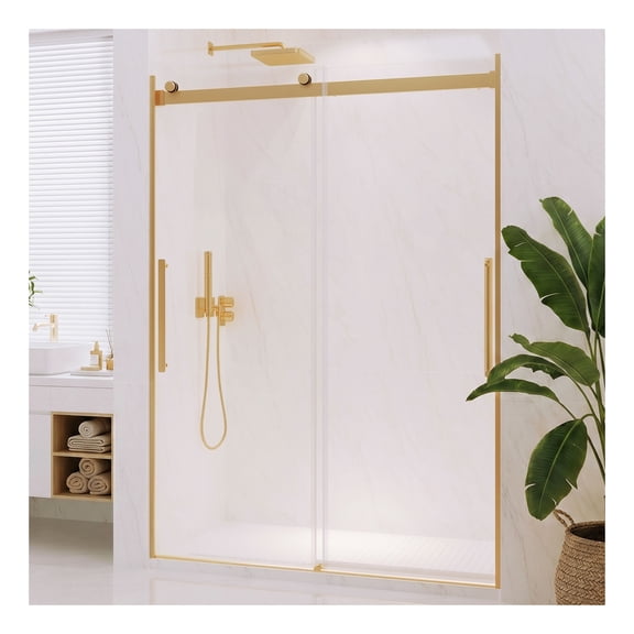 Stellar Series 51 to 54 in. x 76 in. Sliding Bypass Frameless Shower Door in Brushed Gold with Tsunami Guard Tempered Clear Glass
