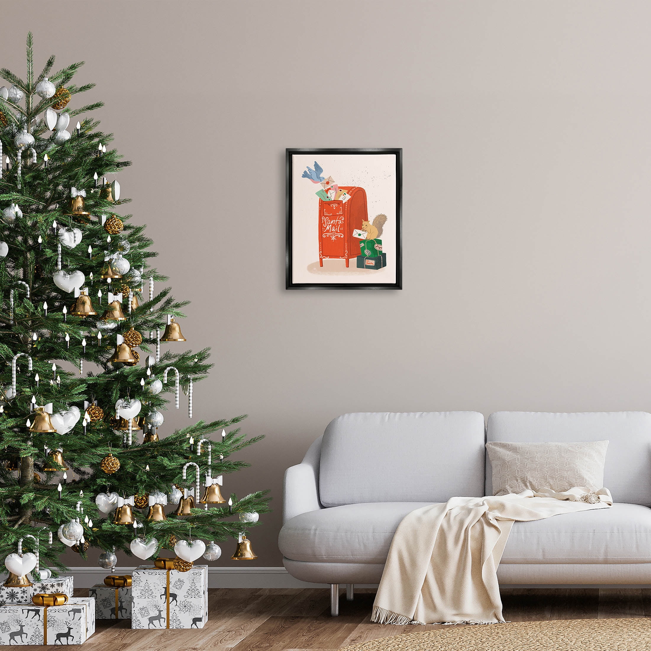 Stupell Industries Santa Mail Holiday Parcels Letters Graphic Art Jet Black Floating Framed Canvas Print Wall Art, Design by Kristina Hultkrantz