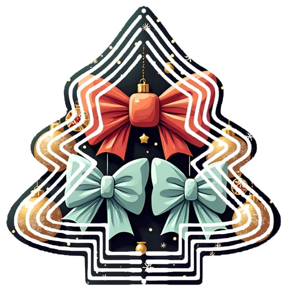 Metal Hanging Christmas Tree Wind Decorations - Festive Zigzag Pattern with Red Bow Golden Ornaments & Pastel Bows for Garden Spinners