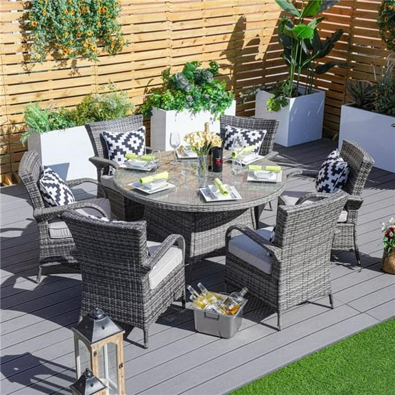 Direct Wicker PAD-1122-GR-N 7-Piece Wicker Outdoor Furniture Dining Set with 6 Cushioned Armchair, Gray