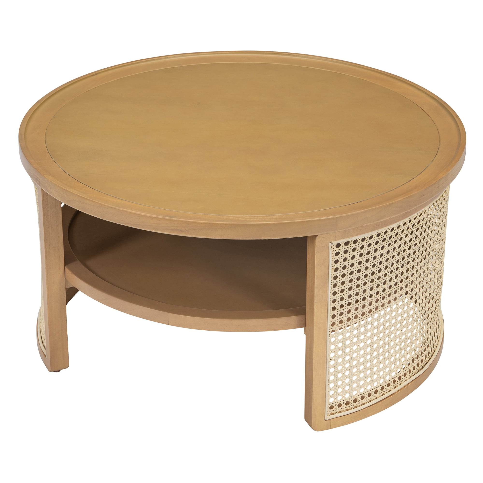Euroco 2-Tiered Round Natural Wood Coffee Table with Storage Rattan Base in 31.3''