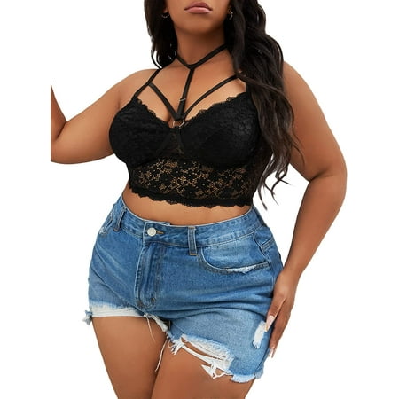 

Women s Plus Size Sexy Floral Lace Scalloped Trim Wireless Bra Adjustable Strap V Neck Everyday Bralette