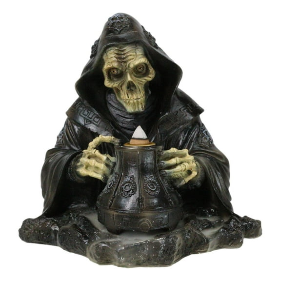 Grim Reaper Skeleton Wizard Chanting Spells Backflow Incense Cone Burner Statue