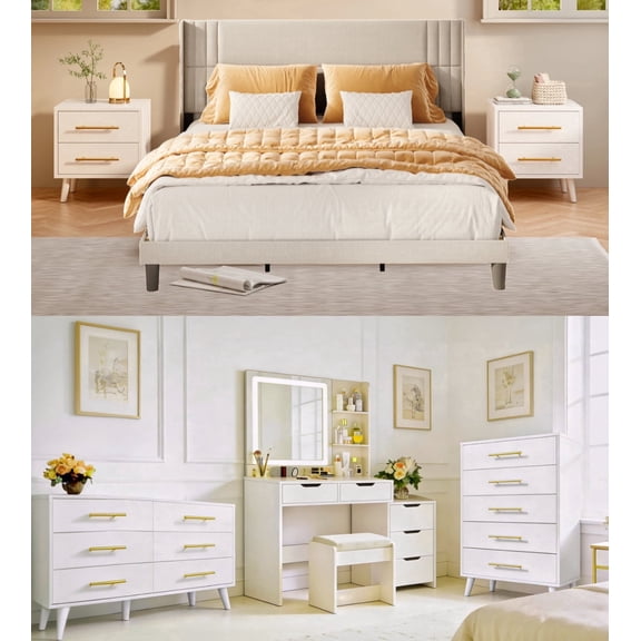 6 Pieces Bedroom Furniture Set, Includes King Size Bed Frame with Headboard,White Vanity,5-Drawers Dressers,6-Drawers Dressers,Nightstand Set of 2 for Bedroom,Black