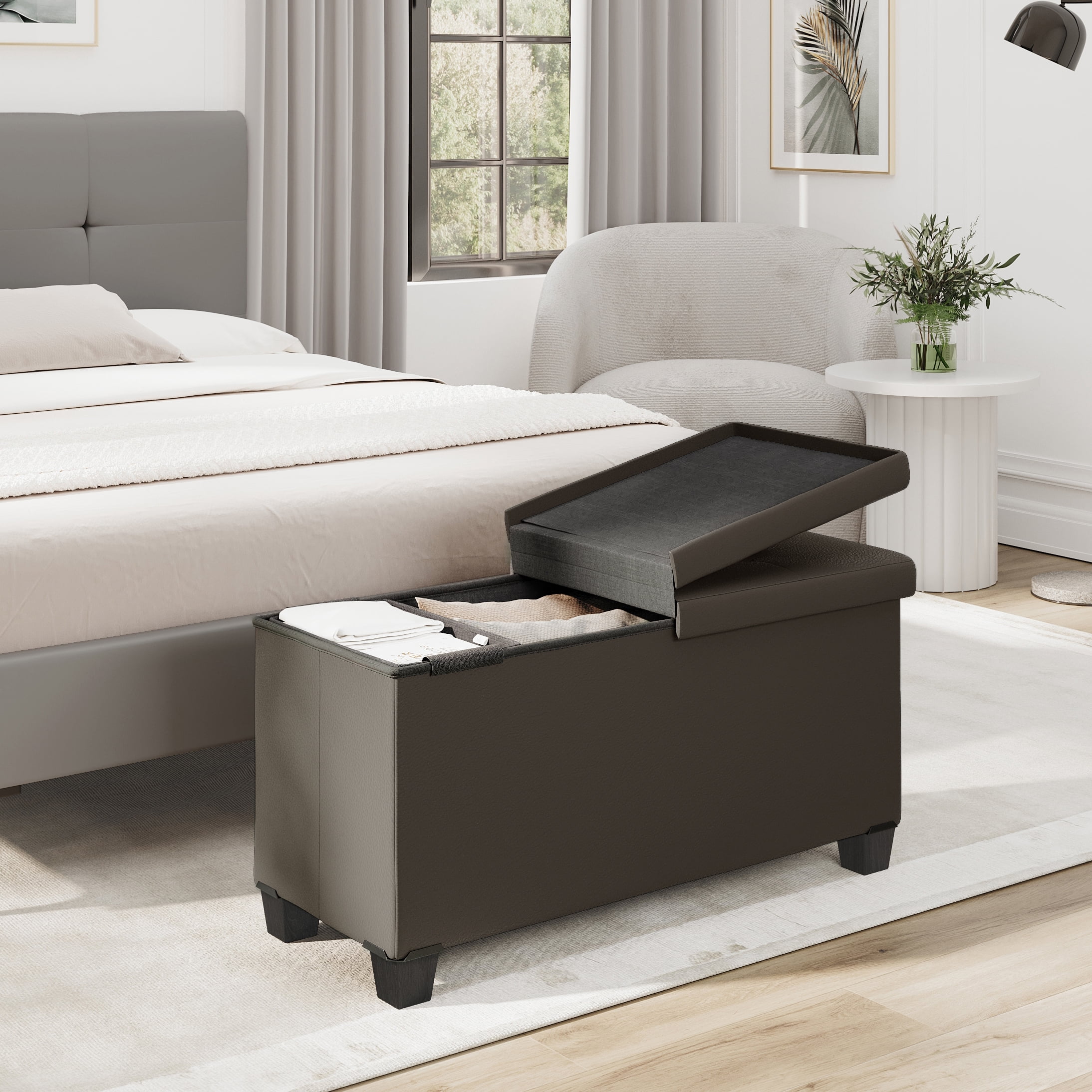 Storagebud Ottoman Storage Bench, Faux Leather 30" Storage Ottoman Bench, Brown