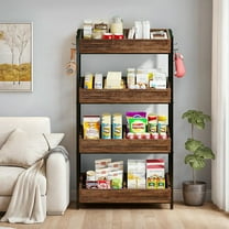 Kadyn Wood Fruit Vegetable Storage Rack Stand, 4-Tier Storage Organizer Fruit Stand with 4 Hooks, Brown Snack Rack