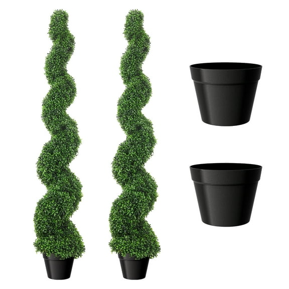 Artificial Boxwood Spiral Topiary Trees, Set of 2, 5 Ft Decorative Faux Twisted Greenery, Fake Plants with PE Leaves, All-Year Green Trees in Cement-Filled Plastic Pot for Indoor, Balcony, Porch
