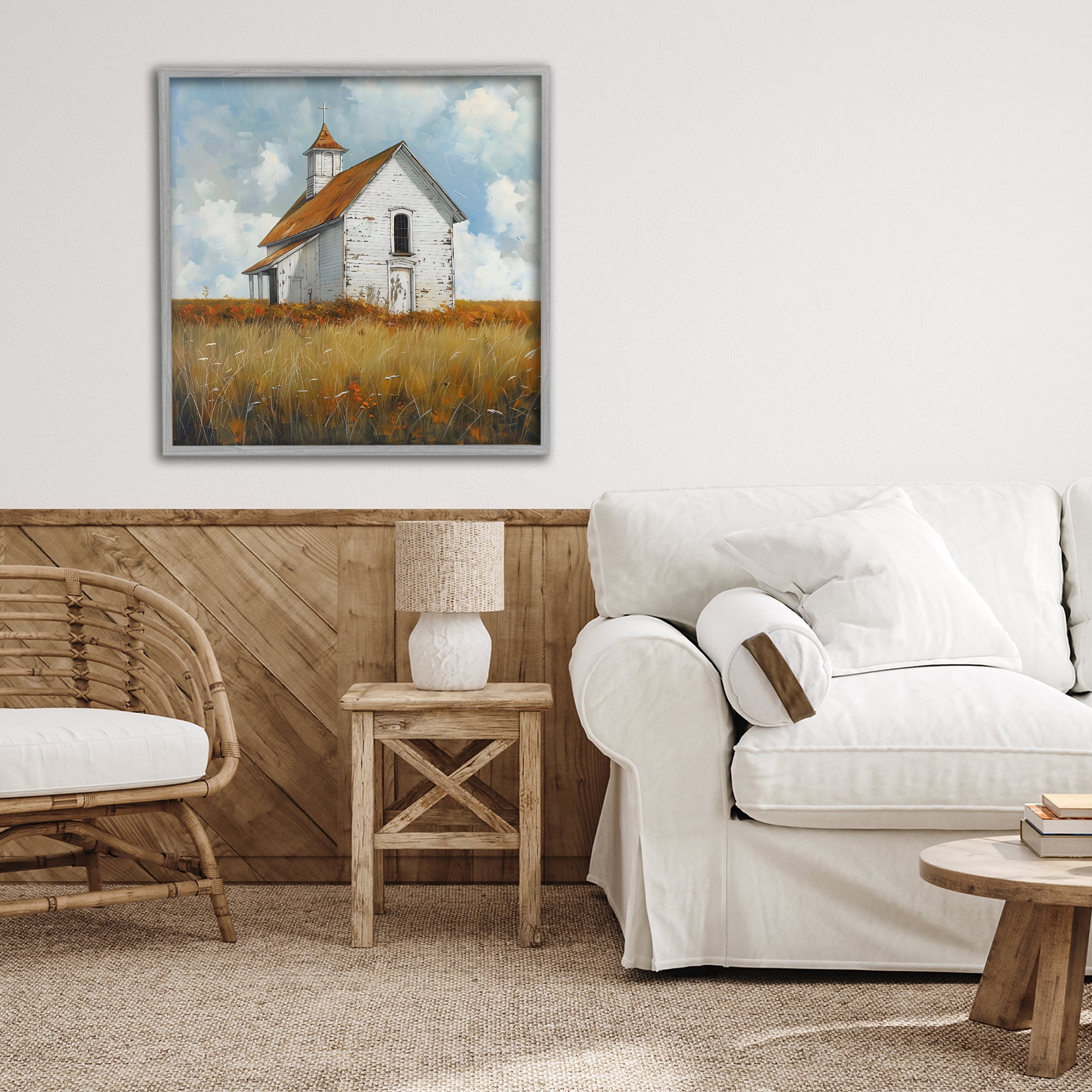 Stupell Industries Rustic Church in Field Gray Framed Giclee Art, design by Creative Studio