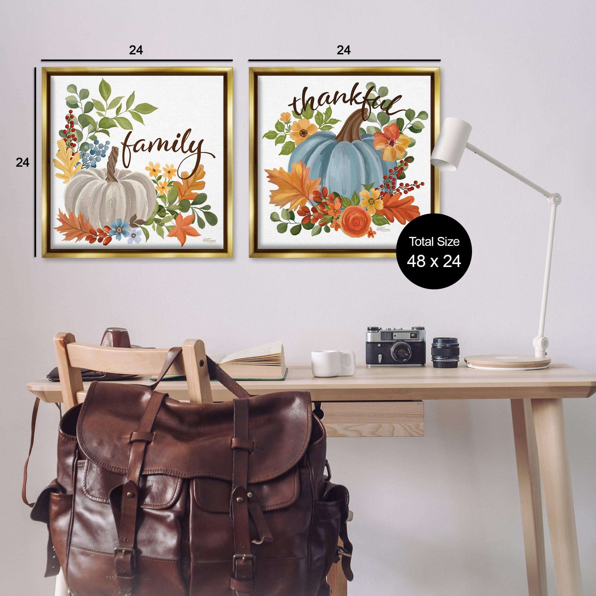 Stupell Industries Family Thankful Fall Pumkin Botanical & Floral Painting Gold Floater Framed Canvas Art Prints Wall Art, 25 x 25, Set of 2