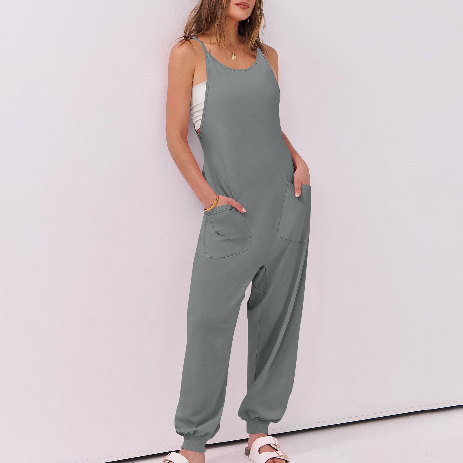 lcziwo Women's Causal Sleeveless Jumpsuits Summer Scoop Neck Harem Overalls Loose Fit Spaghetti Straps Romper with Pockets Holiady Going Out Outfits Gray M