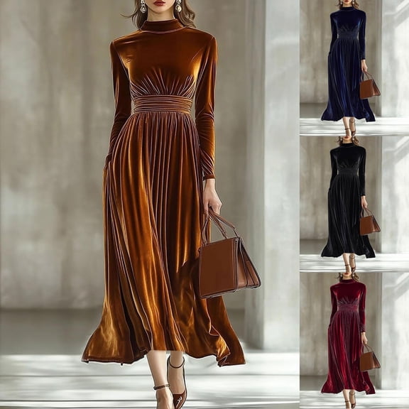 VKOYWKM Women Long Sleeve Velvet Maxi Dress Elegant Mock Neck Pleated Flowy Evening Long Dress for Party Holiday