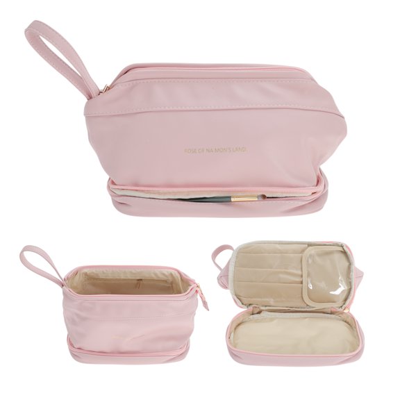 Unique Bargains Makeup Bag Double Layer Travel Cosmetic Bag for Women Toiletry Bag Waterproof and Durable Make Up Bag with Makeup Brush Storage Bag Pink