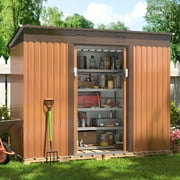 JAXSUNNY 4.2' x 9.1' Outdoor Metal Storage Shed for Outdoor Garden, Gable Roof, Lockable Sliding Door, Coffee