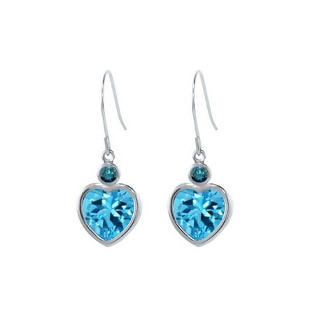 4.74 Ct Heart Shape Swiss Blue Topaz Blue Diamond 925 Sterling Silver Earrings