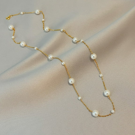 1pc Stainless Steel & Imitation Pearl Round Link Chain Necklaces for Women Golden White 22.44 inch(57cm)