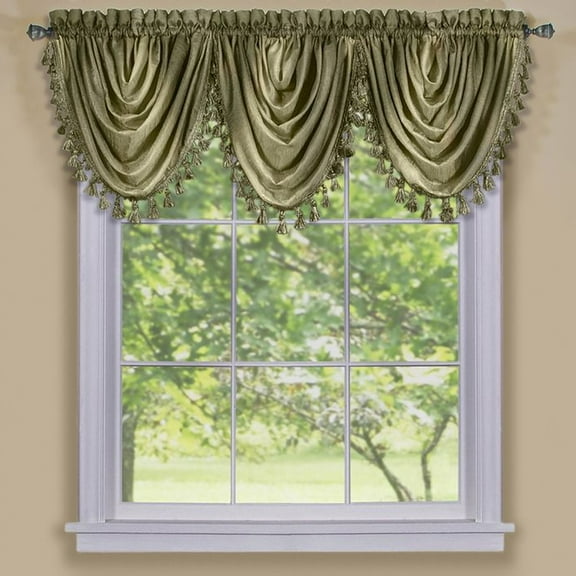 Ombre Sage Striped Modern Window Curtain Panel: Tasseled Waterfall Valance