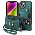 thumbnail image 4 of Nalacover For iPhone 14 Plus Case Ring Holder Kickstand with Credit Card Holder, Back Flip Premium Leather Magnetic Clasp Removable Wirst Hand Strap Cover For iPhone 14 Plus, Green, 4 of 14