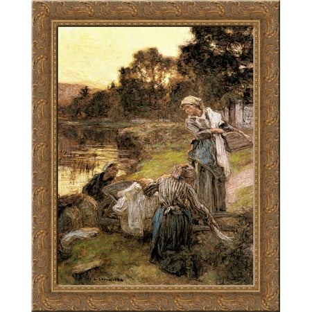 Le Laveuses au Bord de la Marne 20x24 Gold Ornate Wood Framed Canvas Art by L'Hermitte, Leon Augustin