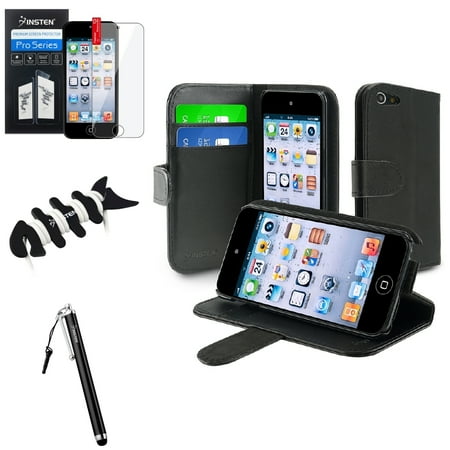 Insten Black Wallet Leather Case w/Card Holder+SP+Pen For Apple iPod Touch 6 6G 5 5G +Fishbone Wrap