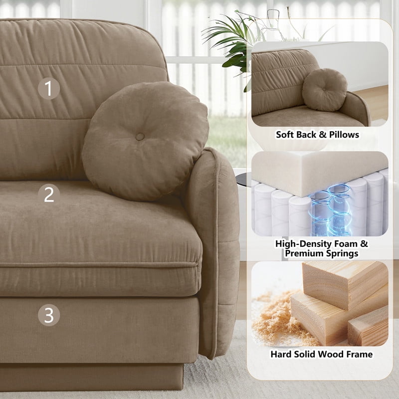 Chenille Modular Sofa with Ottoman, 2-Seater Deep Seat Cloud Couch, Convertible Sectional Sofa with Quilted Cushions & Round Pillows, Modern Sofa for Living Room, Apartment,Coffee