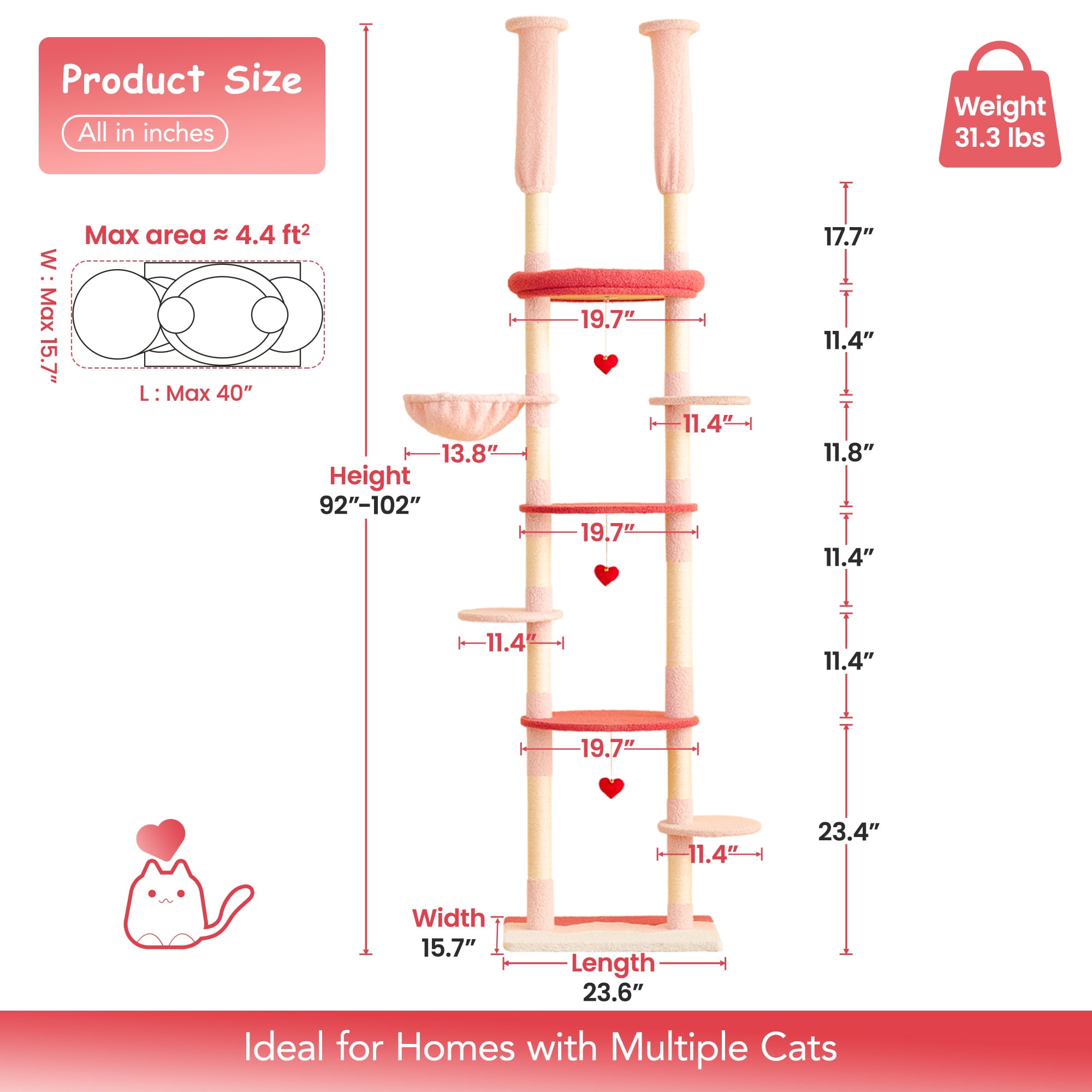Furcato 92.1"-101.6" Adjustable Height Cat Tree, Floor to Ceiling Cat Tower, 7 Tiers Cat Climbing Tree with Hammock, Rose Pink
