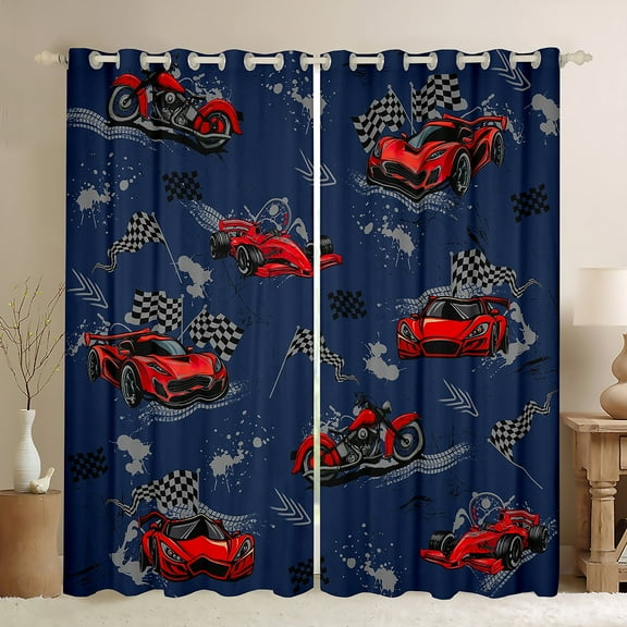 Manfei Blue Red Racing Car Black Out Curtains for Boys, Cartoon Motorcycle Curtains Pack of 2 (42x63 Each), Modern Checkered Flag Bedroom Curtains, Curtains and Drapes Decor