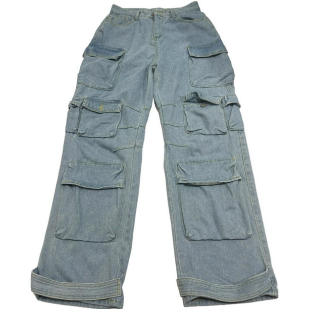 Gibobby Pantalones cargo para mujer Pantalones cargo holgados para mujer, pantalones vaqueros de ajuste relajado con múltiples bolsillos, ropa informal alternativa(Azul,M)