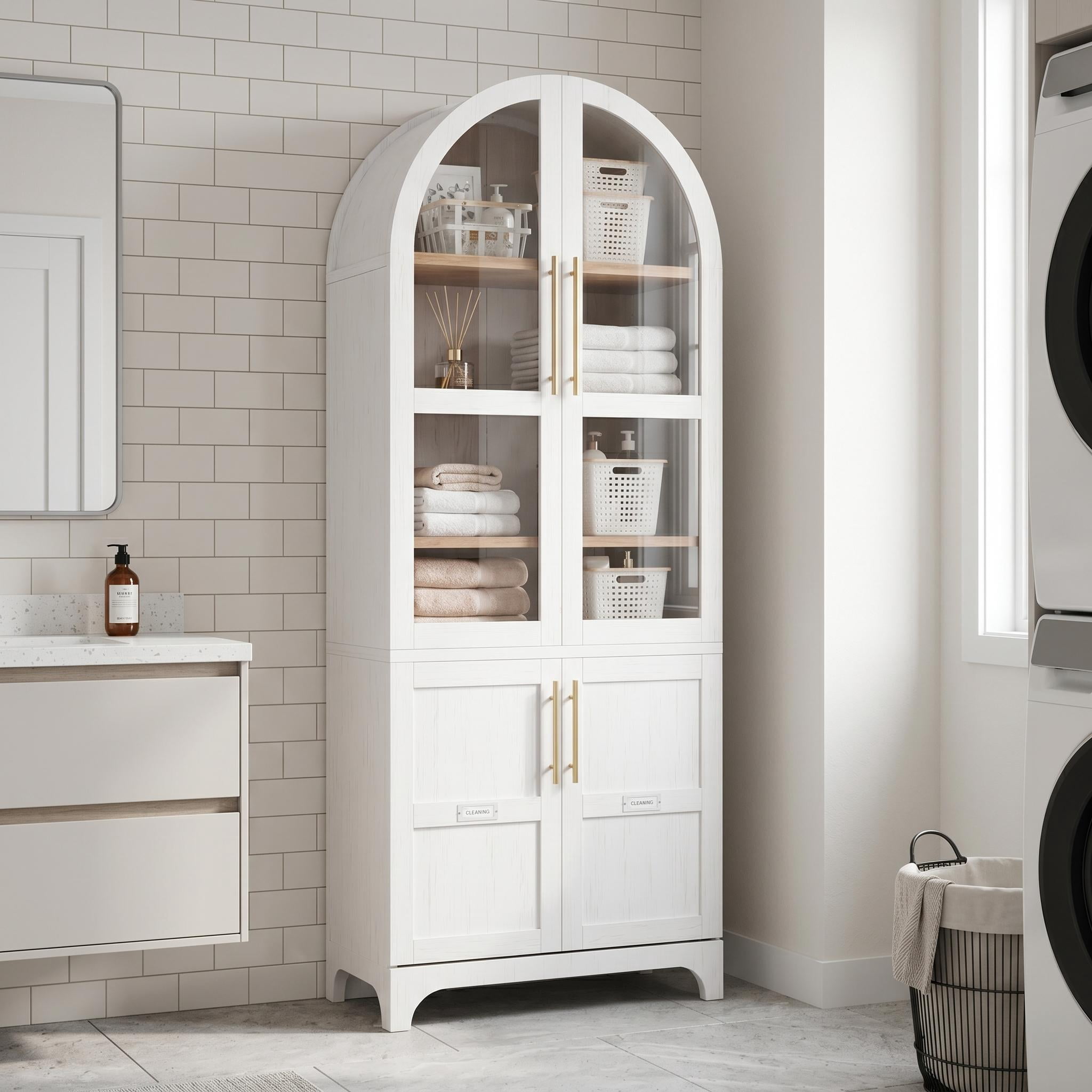 Homy Casa Arched Display Cabinet with Glass Doors, Tall Storage Cabinet for Living Room