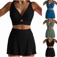 thumbnail image 2 of Yuanlook Women's 2 Piece Tankini Set V Neck Twist Front Cutout Waist Skort Skirt with High Waisted Bottoms Swimsuit Size S-XL, 2 of 5