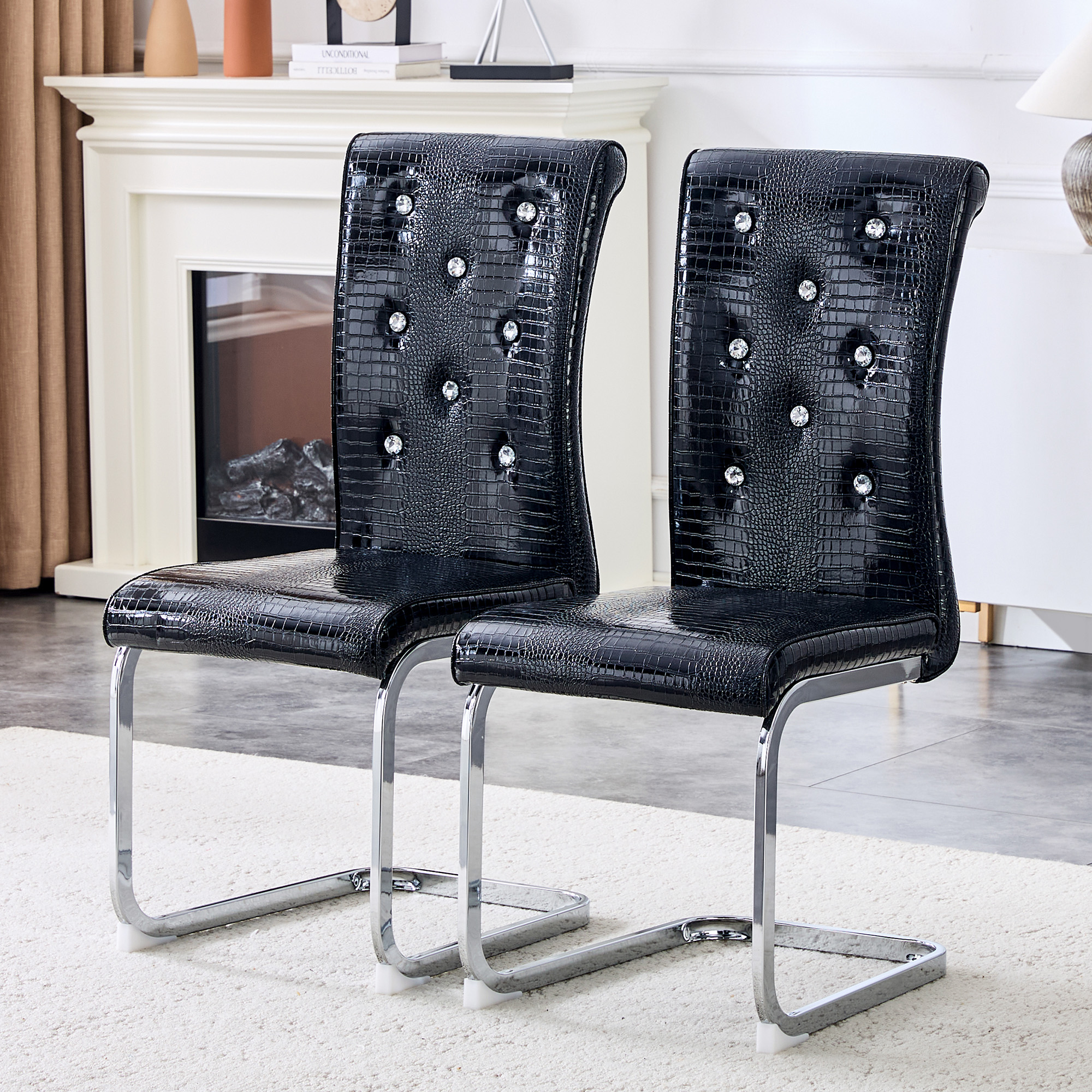 Alvantor Dining Chairs Set of 2, Retro Leather Chairs with Crystal Buckle , Upholstered Accent Chairs for Dining Room & Kitchen Black