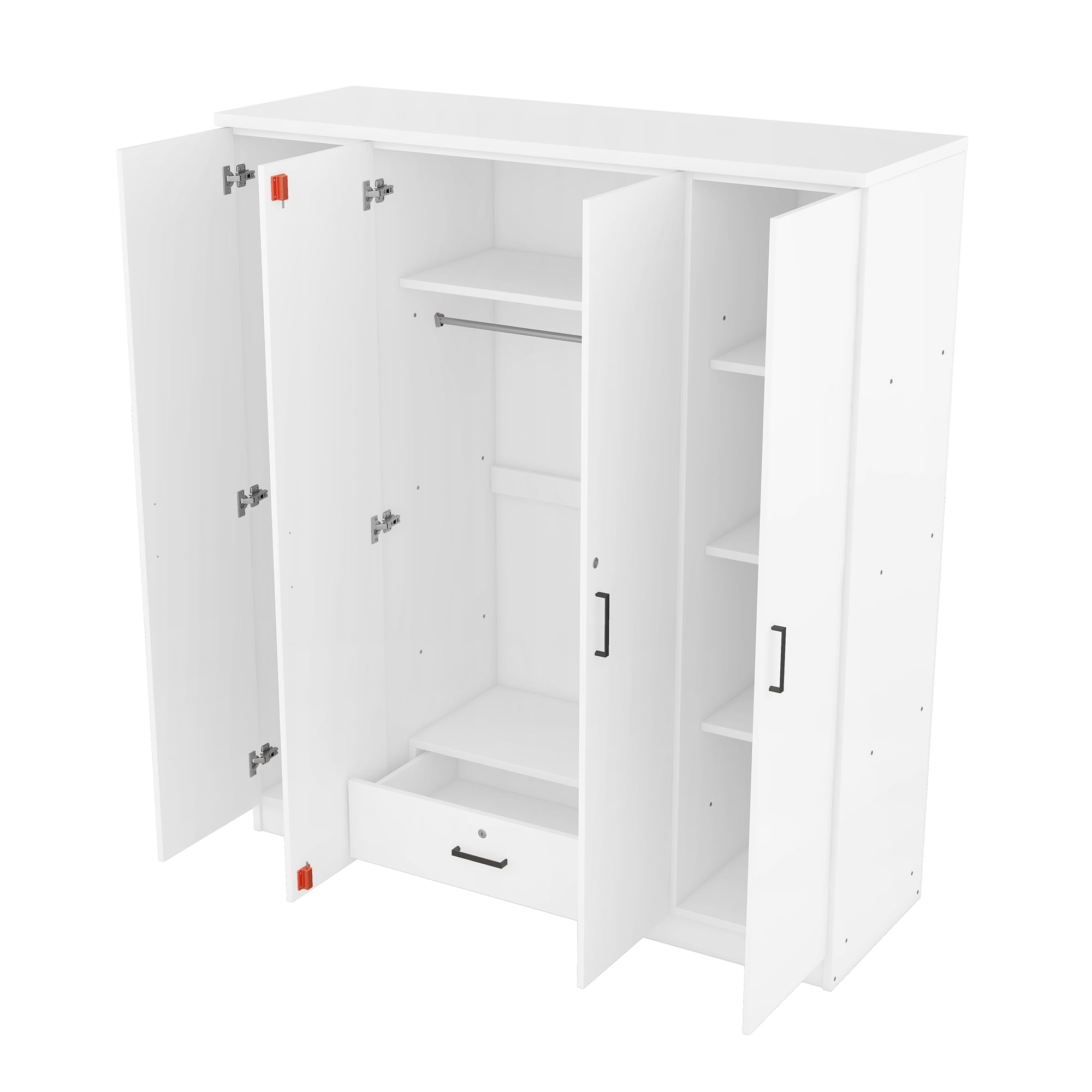 Harper & Bright Designs Large 4 Doors Wardrobe Closet with Drawer and Hanging Rail, Bedroom Clothes Storage Cabinet Organizer, White