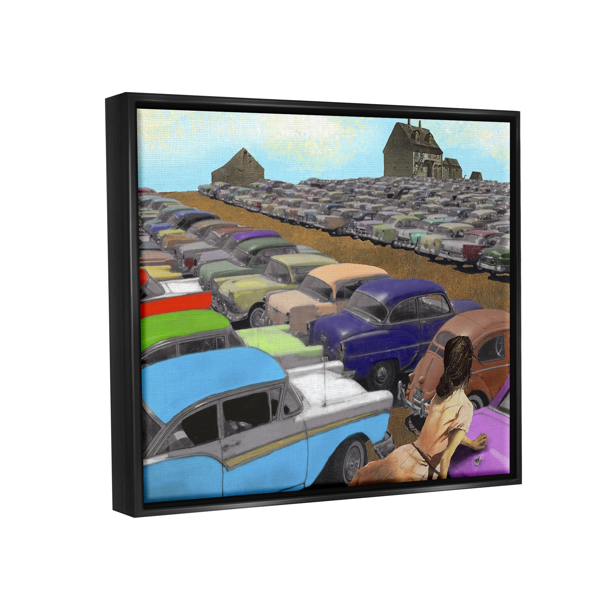 Stupell Industries Vintage Parking Lot Transportation Painting Black Floater Framed Canvas Art Print Wall Art, 31 x 25