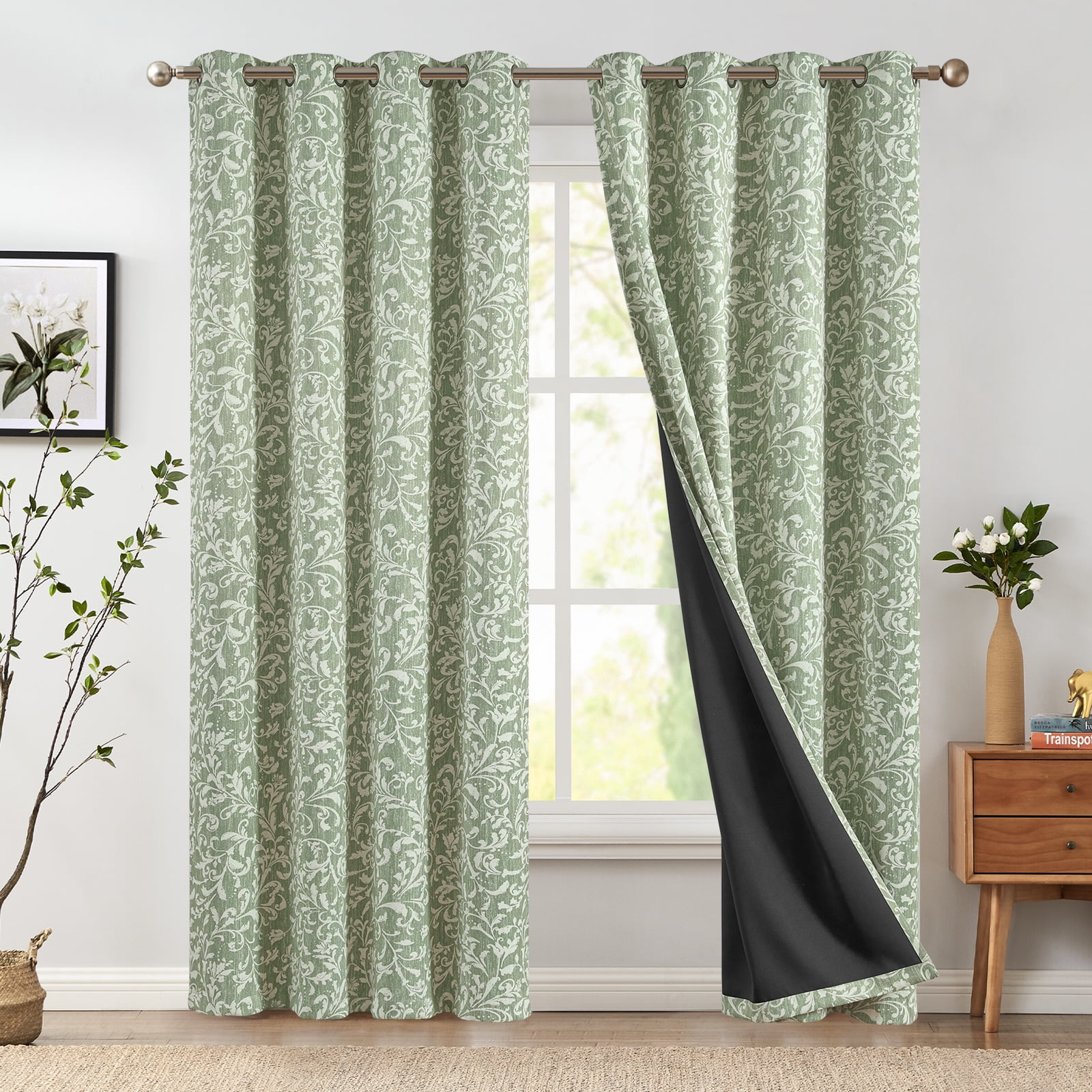 Curtainking 100% Blackout Curtains for Bedroom Green Scroll Floral Window Curtains Grommet Thermal Insulated Drapes for Living Room Farmhouse Vintage Window Treatments Set 84 Inch Length 2 Panels