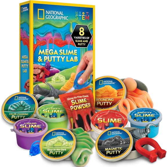 NATIONAL GEOGRAPHIC Mega Slime Kit And Putty Lab, 4 Slime Types And 4 Putty Types Including Magnetic Putty, Sensory Science Toy Kit For Kids