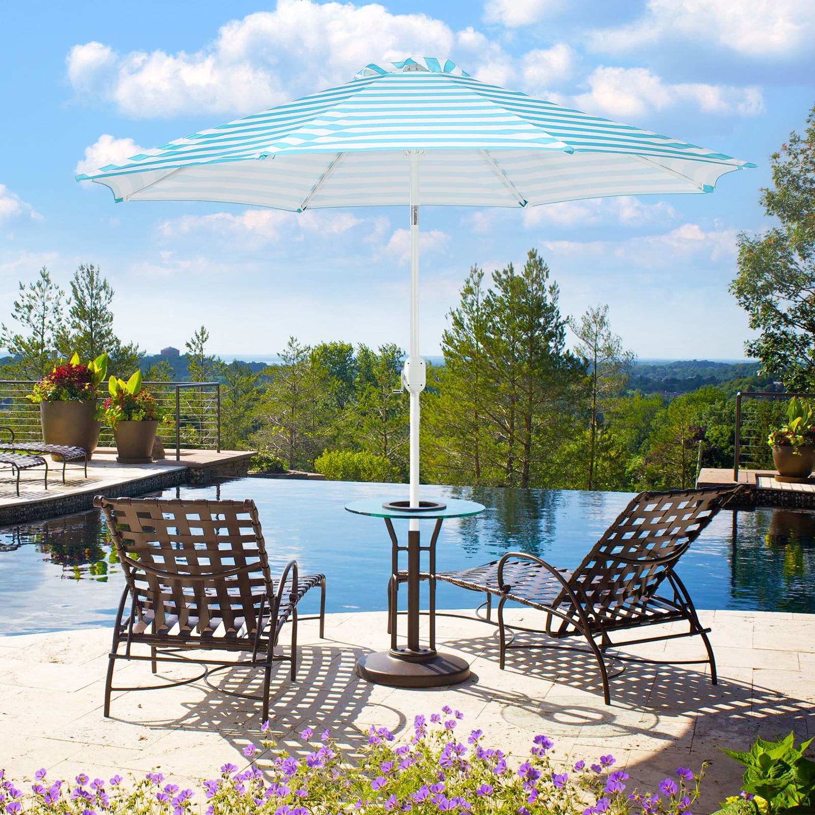 Aoodor 9FT Outdoor Patio Umbrella with 8 Steel Ribs and Push Button Tilt Crank, UV Protection, Light Blue and White