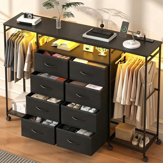 Zocalo Cómoda 8 Cajones Con Perchero Mueble Para Ropa Con Led Y Usb, Negro