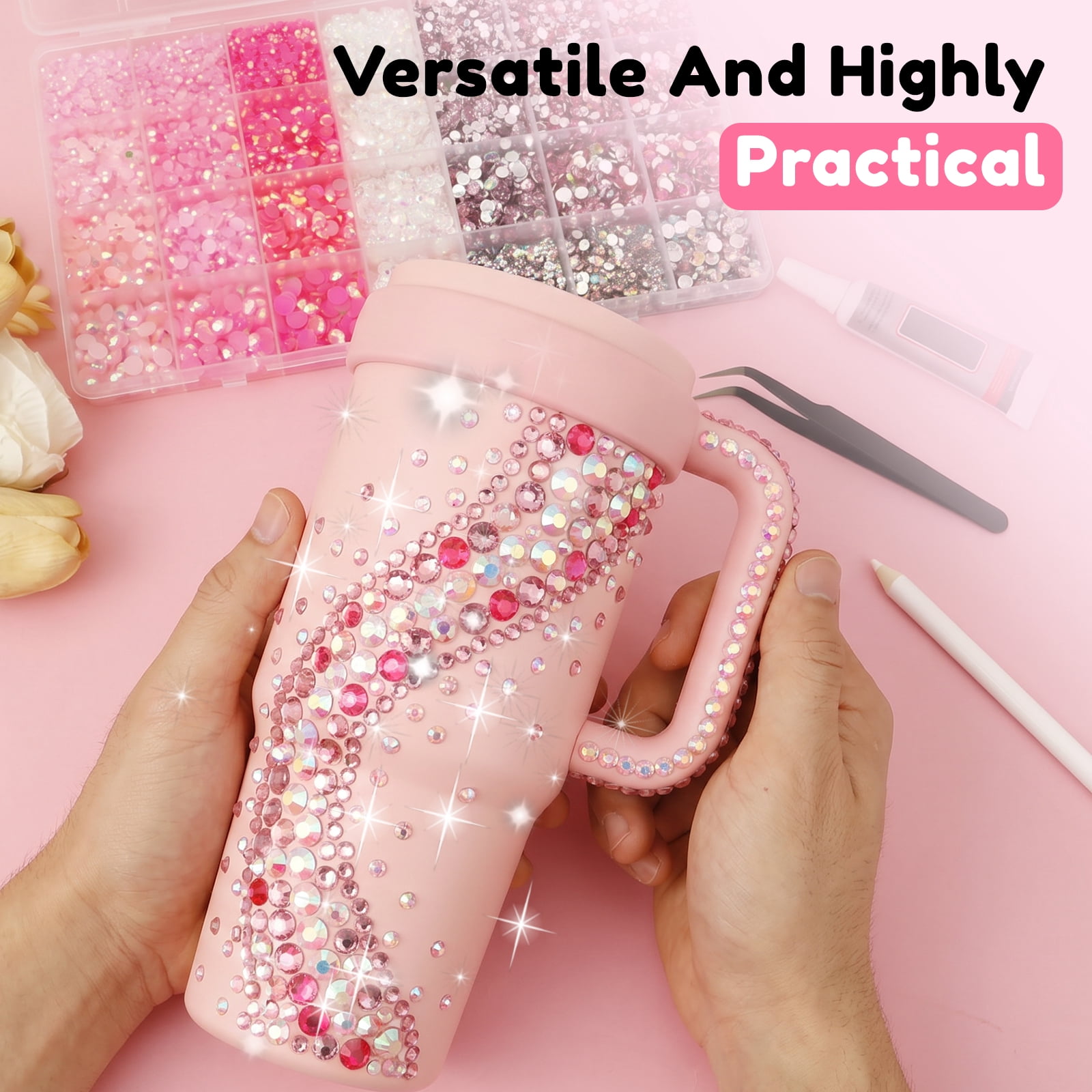 Atopoler 28 Type Pink Rhinestone Bedazzling Kit,11760 Pcs Resin Rhinestone with Glue Tweezers Pickup Pen,Gems Diamonds for Bottle Phone Makeup